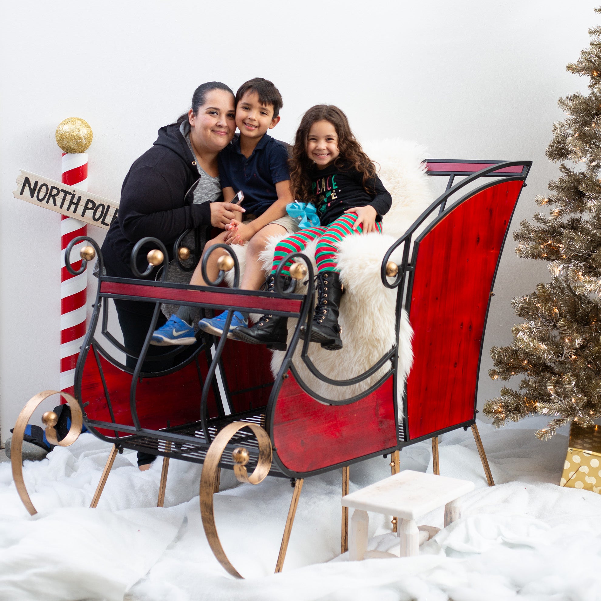 a happy family posing on santa's sleigh