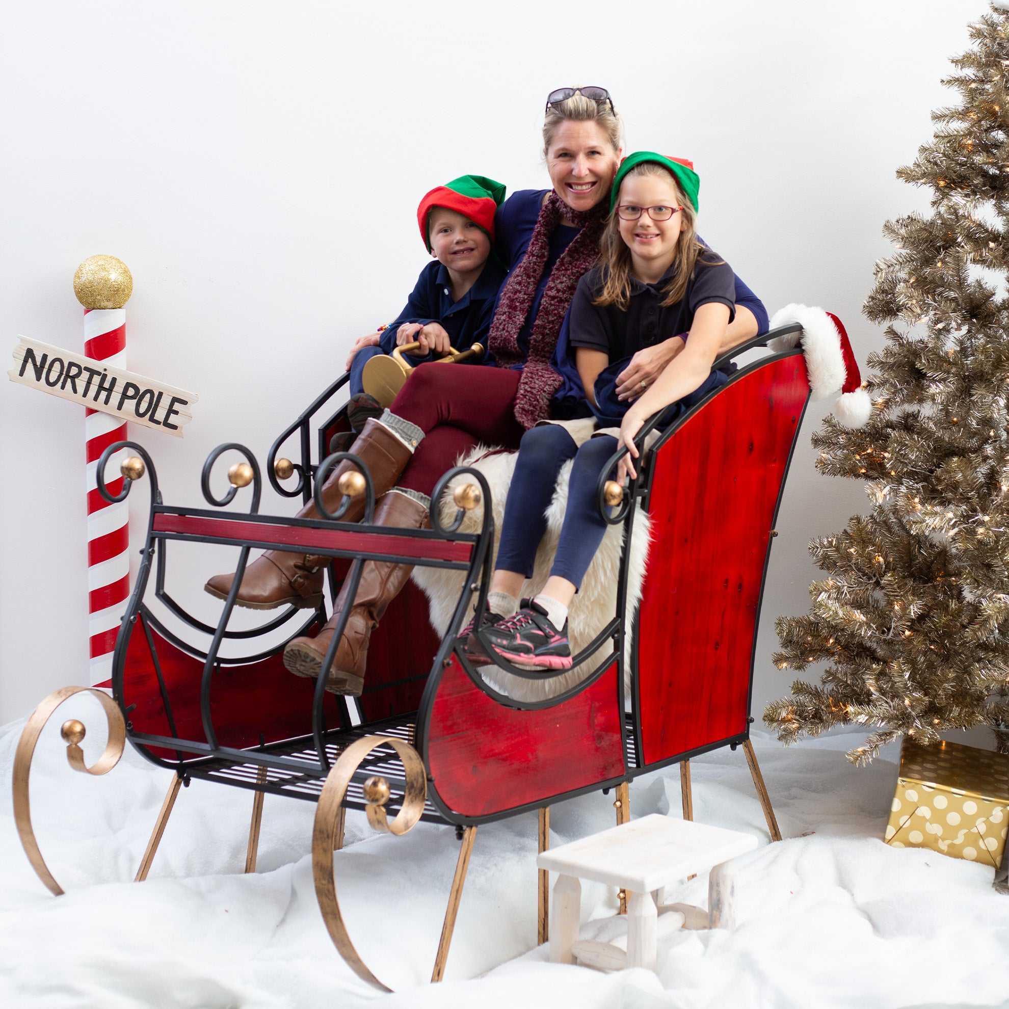 a happy family posing on santa's sleigh