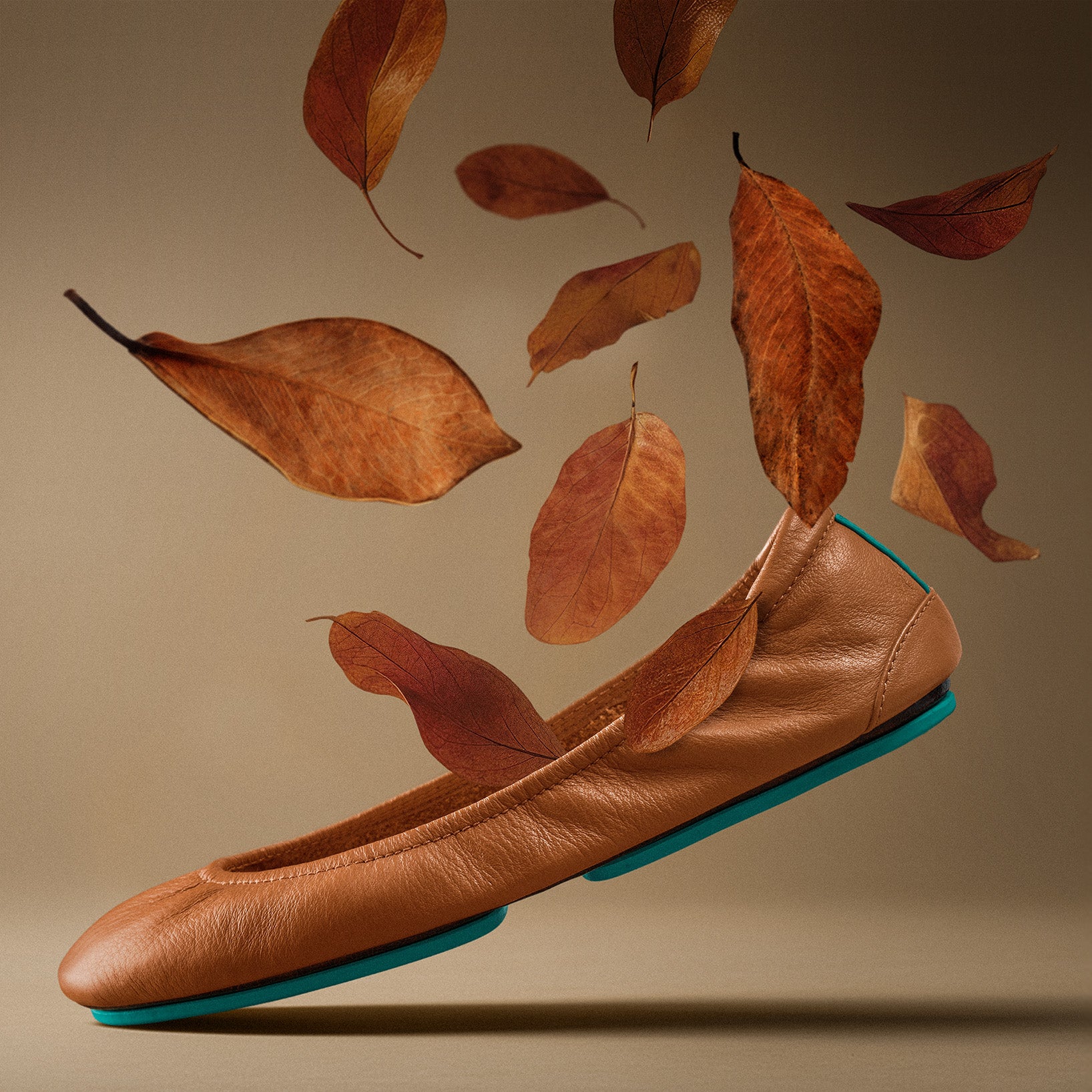 chestnut tieks ballet flats surrounded by falling leaves