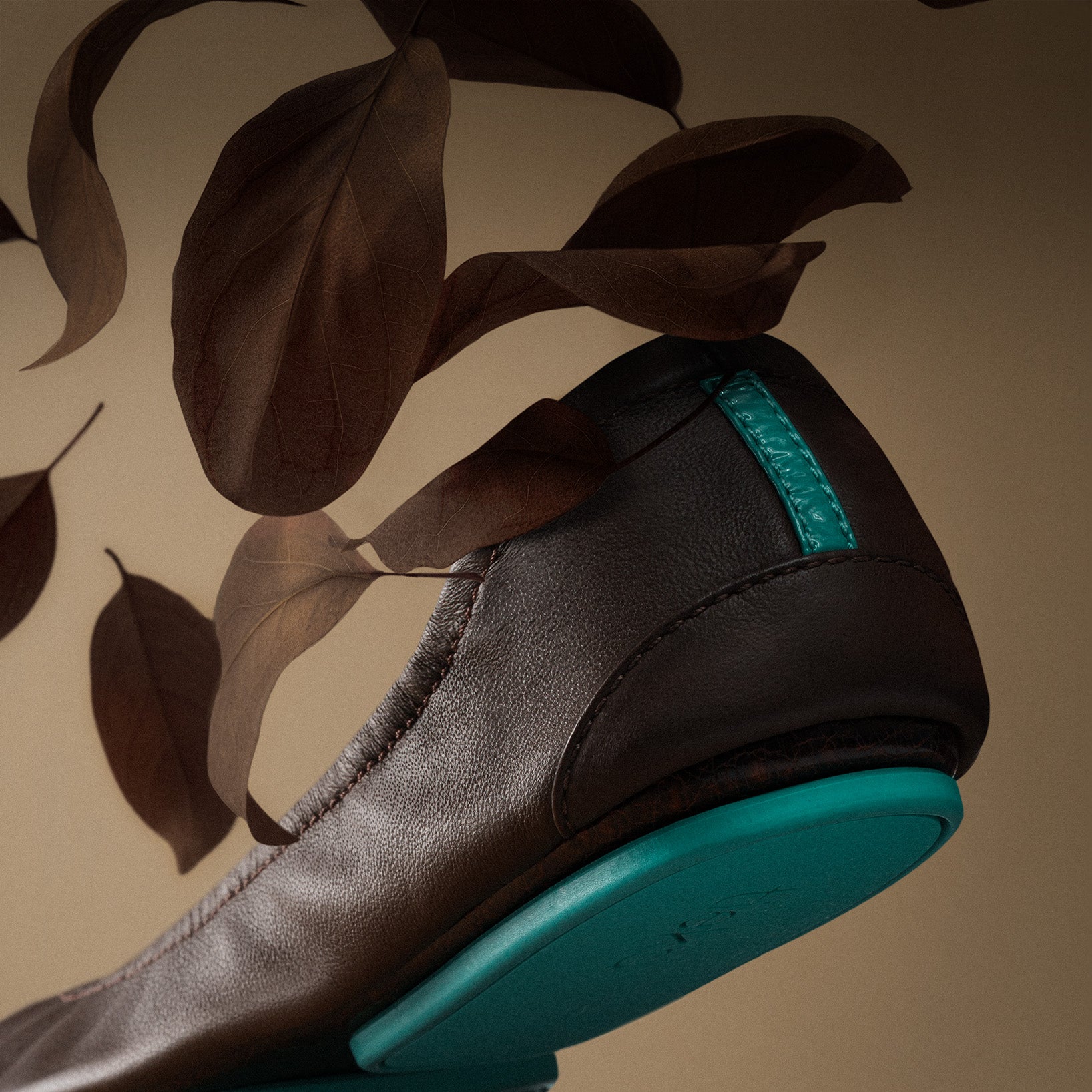 chocolate brown tieks ballet flats surrounded by falling leaves