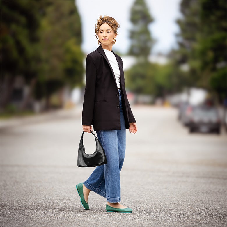 pacific green tieks flats styled with a blazer for work