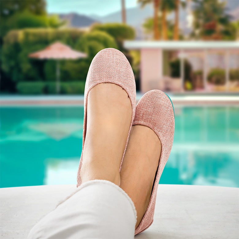 palm spring pink tieks flats styled with white jeans