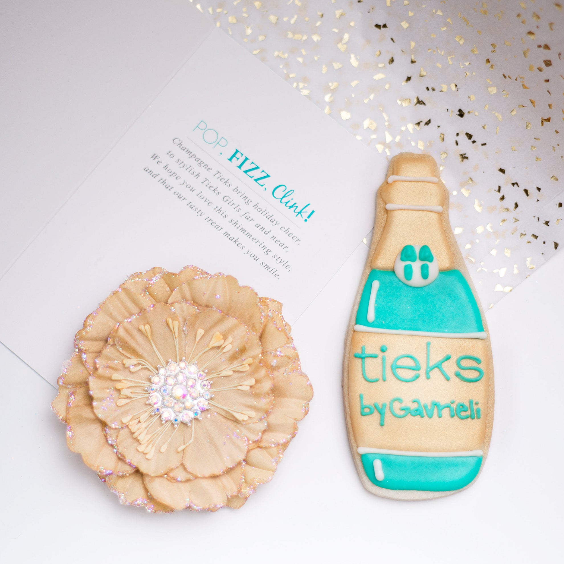 champagne card with champagne tieks cookie and flower