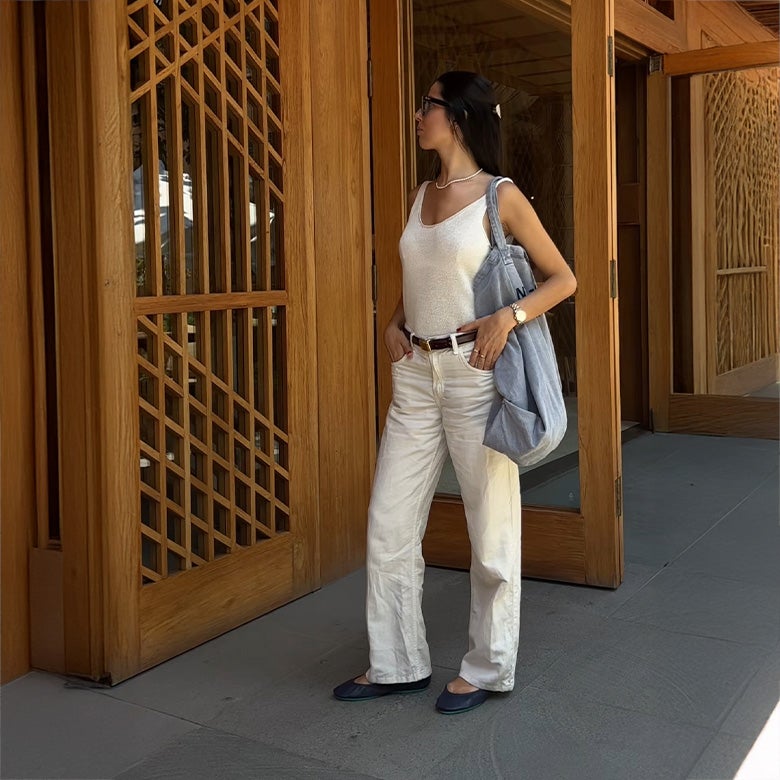 navy tieks ballet flats styled with an all white outfit