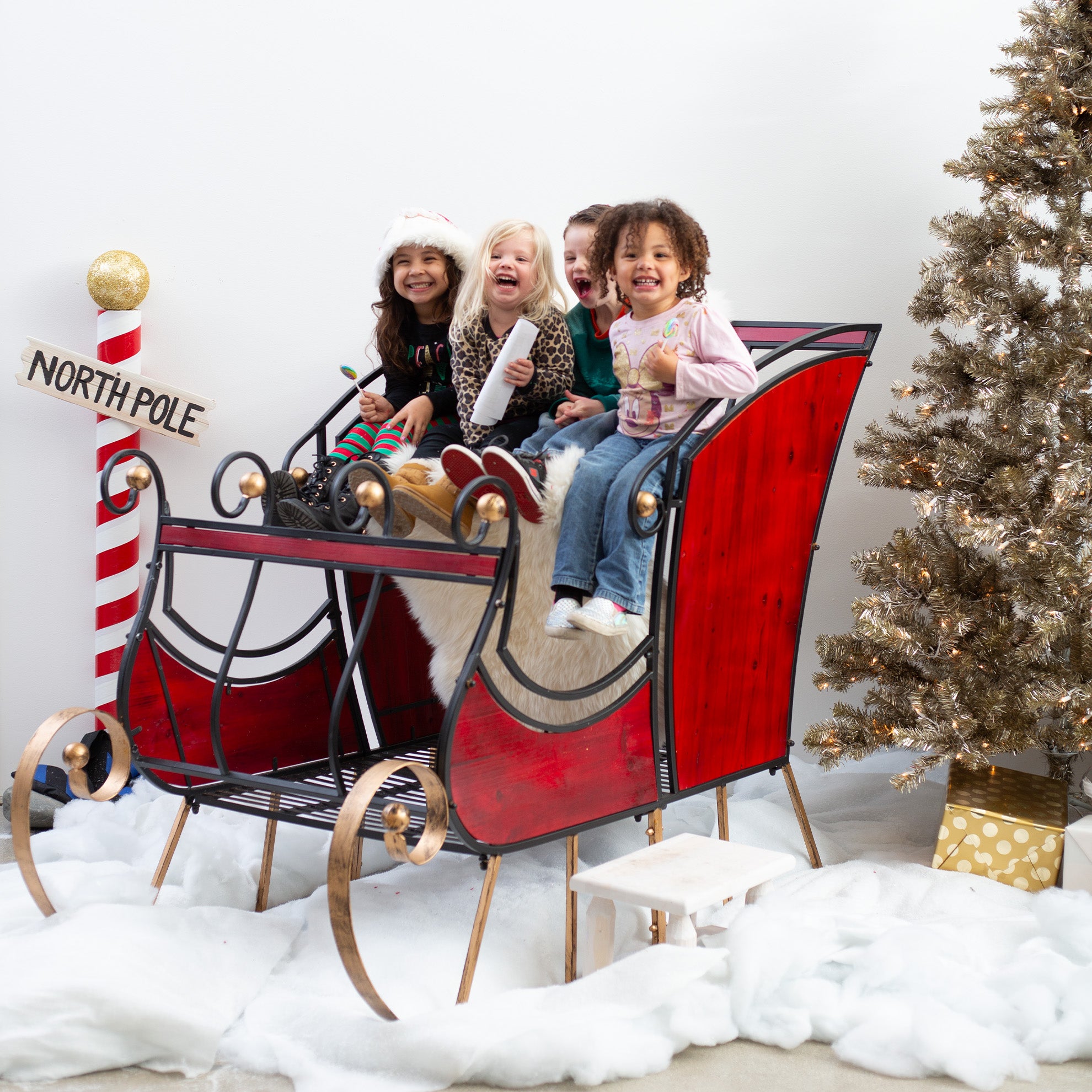 kids smiling on santa's sleigh