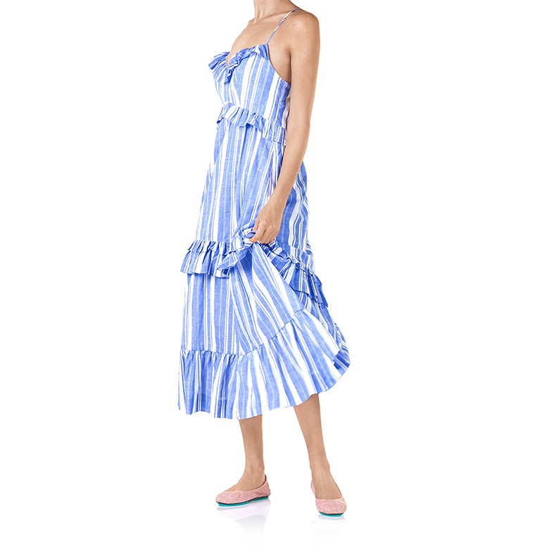 palm spring pink tieks flats styled with blue and white striped sundress