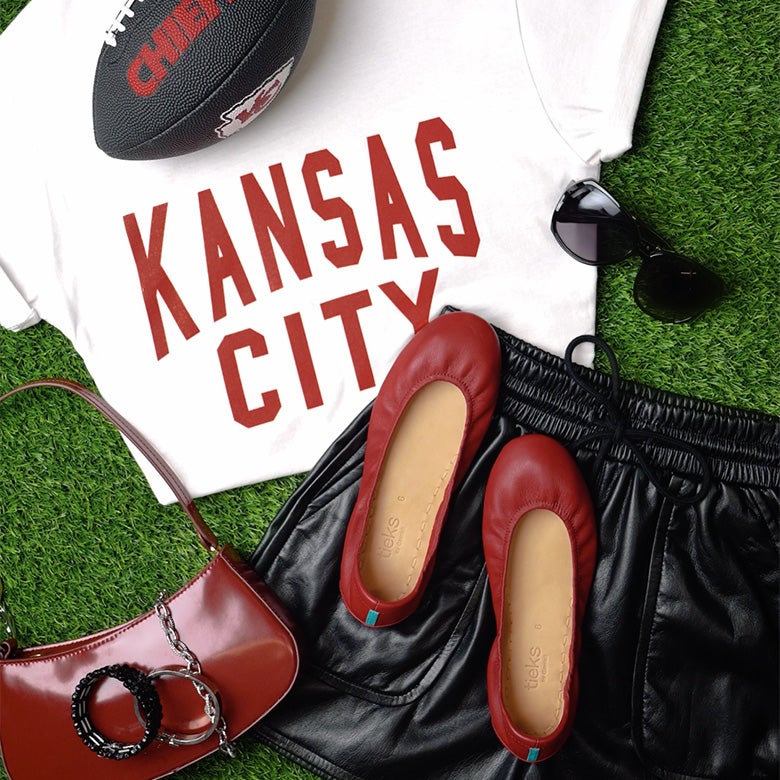 cardinal red tieks flats styled with a kansas city chiefs themed outfit