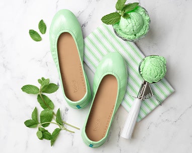 mint tieks flats on table with mint ice cream