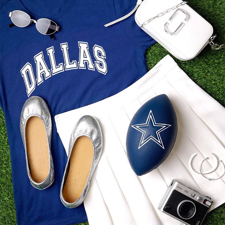 silver ballet flats styled with a dallas cowboys themed outfit