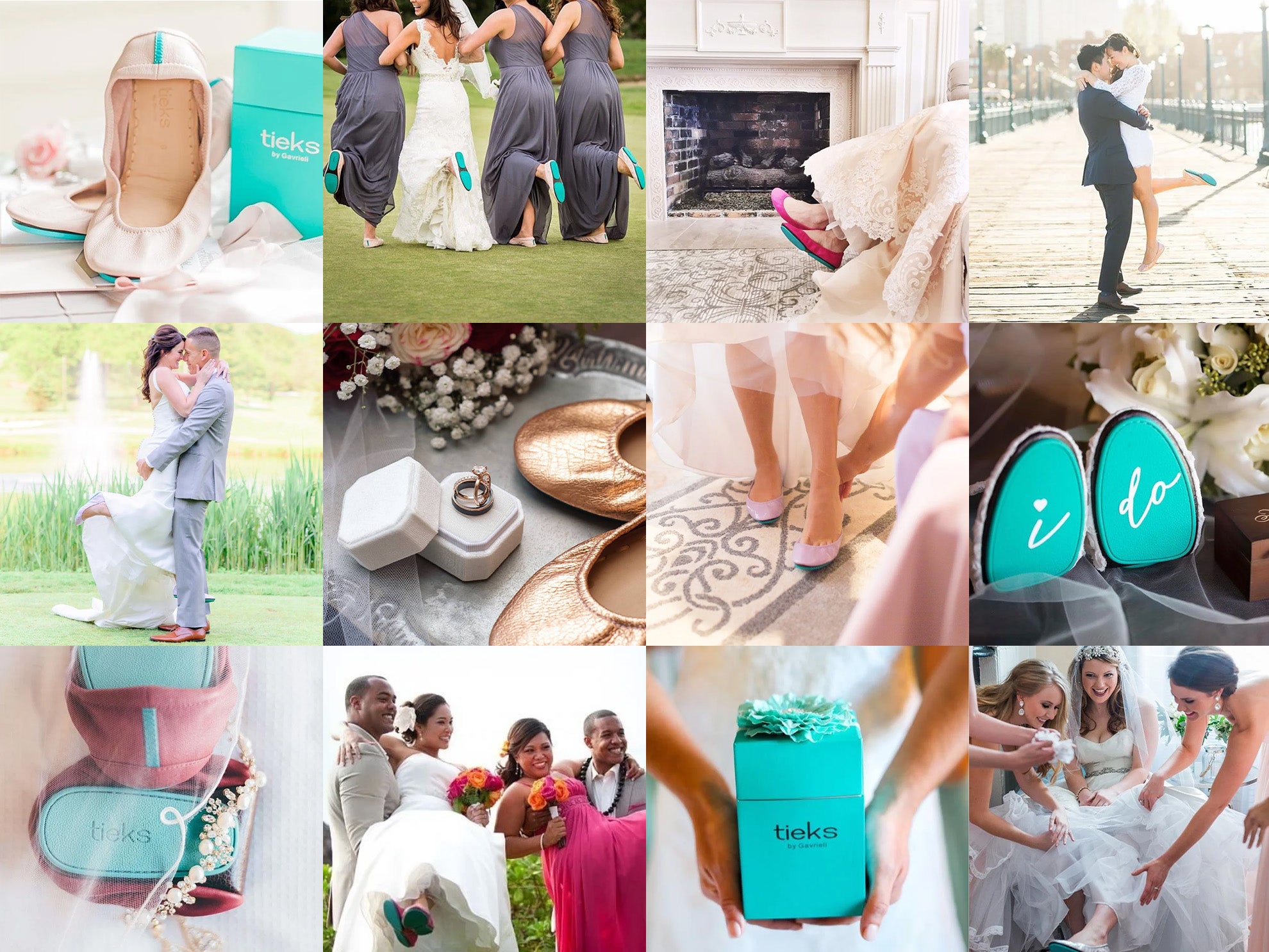 a collage of weddings featuring tieks flats