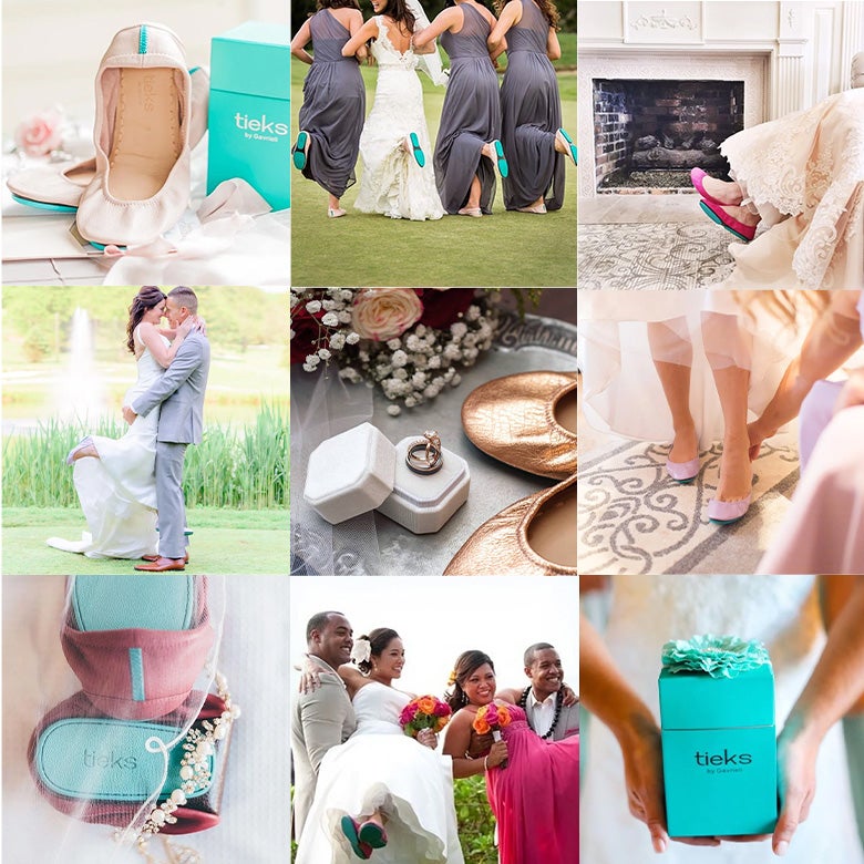 a collage of weddings featuring tieks flats