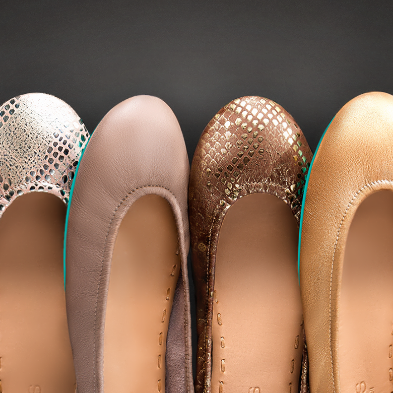 romantic blush, taupe, wild copper, and gold tieks flats